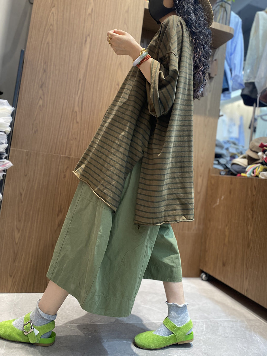 Cotton Shirt O-Neck Stripe Summer Casual Women