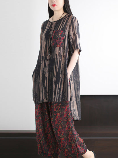 Summer Vintage O-Neck Stripe Women Suits Loose