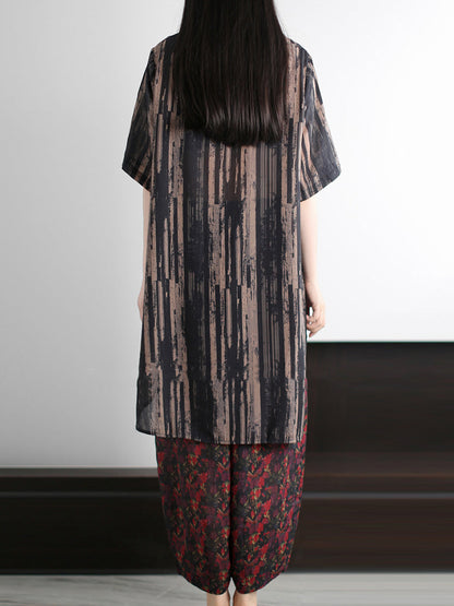 Summer Vintage O-Neck Stripe Women Suits Loose