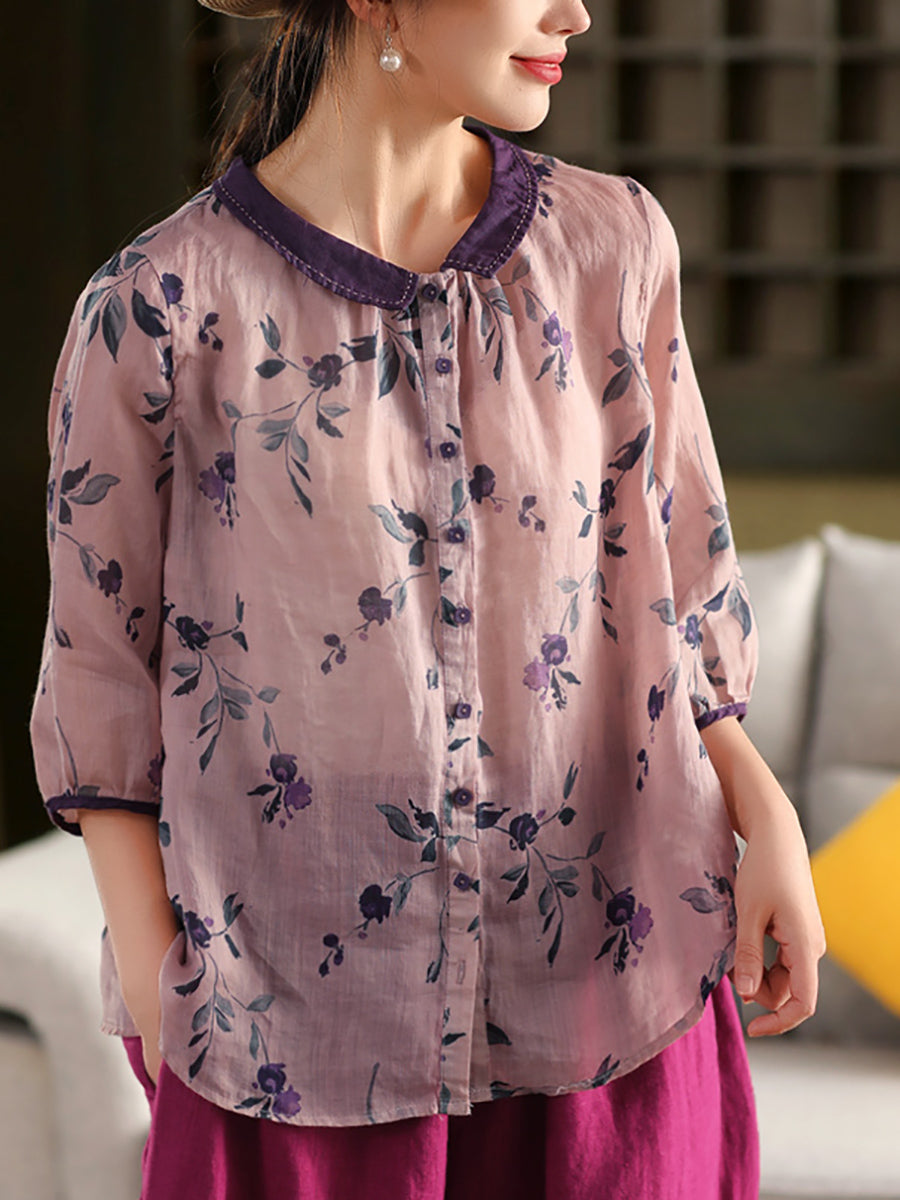 100%Ramie Shirt Summer Turn-down Artsy Collar Flower Women