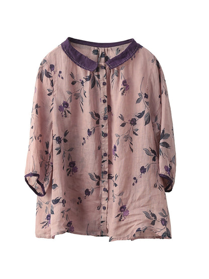 100%Ramie Shirt Summer Turn-down Artsy Collar Flower Women