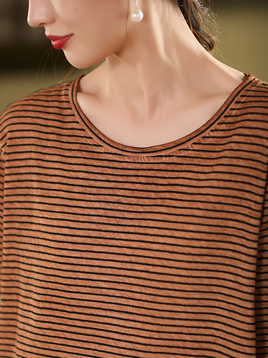 Casual Linen Cotton O-Neck Shirt Stripe Summer Women