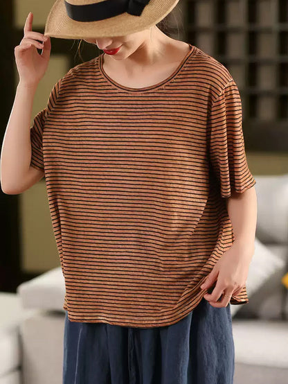 Casual Linen Cotton O-Neck Shirt Stripe Summer Women