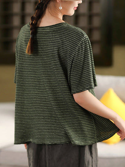Casual Linen Cotton O-Neck Shirt Stripe Summer Women