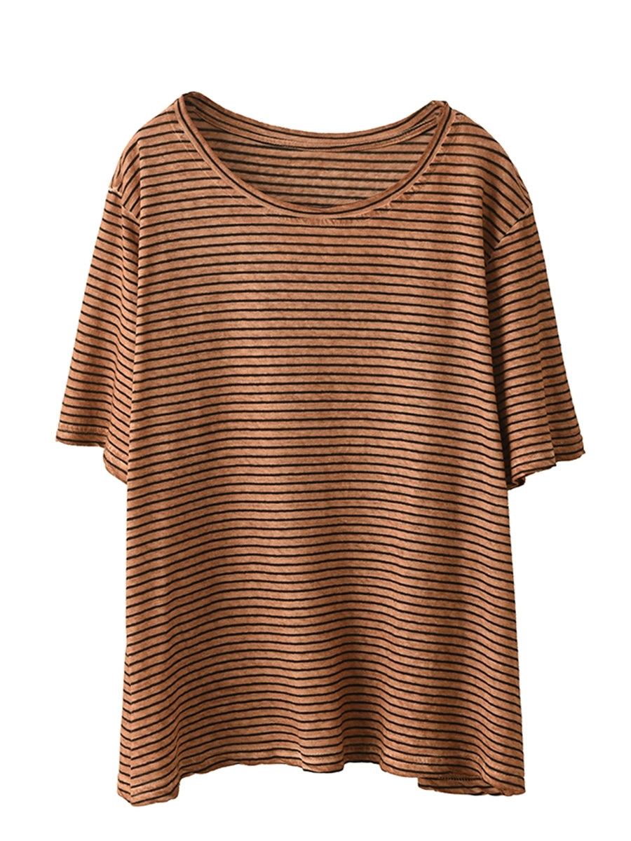 Casual Linen Cotton O-Neck Shirt Stripe Summer Women