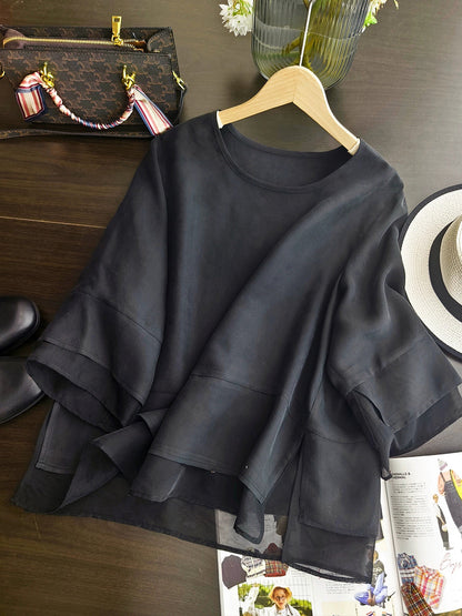 Color Pure Summer O-Neck Spliced Women Shirt Artsy