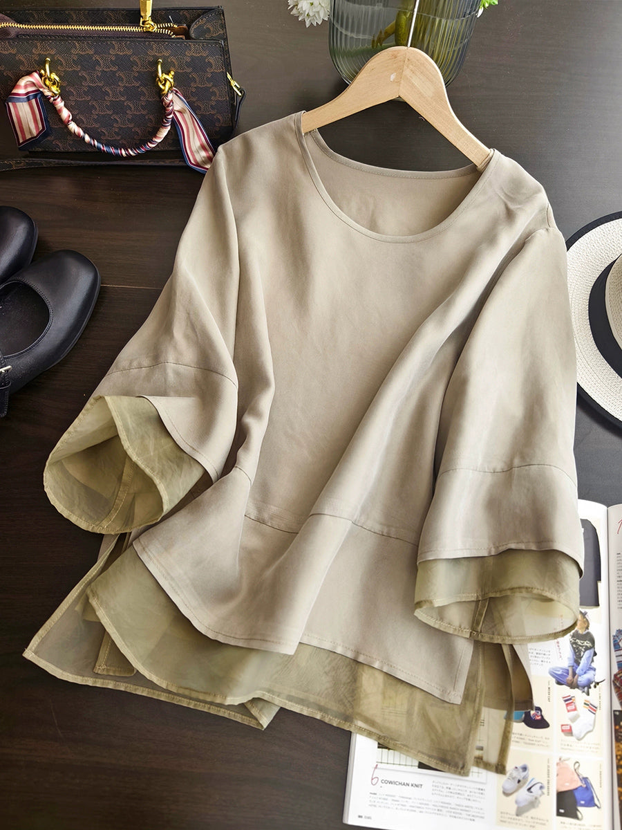 Color Pure Summer O-Neck Spliced Women Shirt Artsy