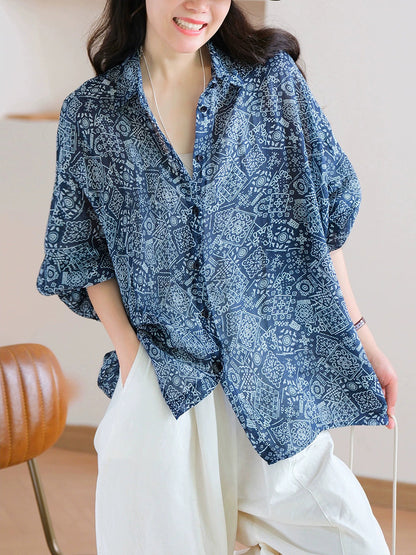 Shirt Print Women Collar Summer Turn-down Artsy 100%Ramie