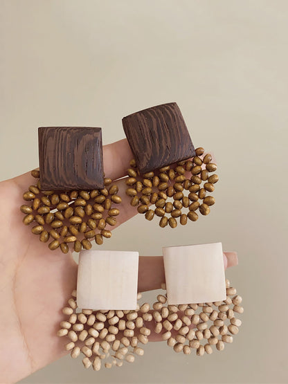 Square Vintage Wooden Bead Women Flower Earrings