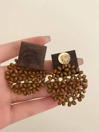 Square Vintage Wooden Bead Women Flower Earrings