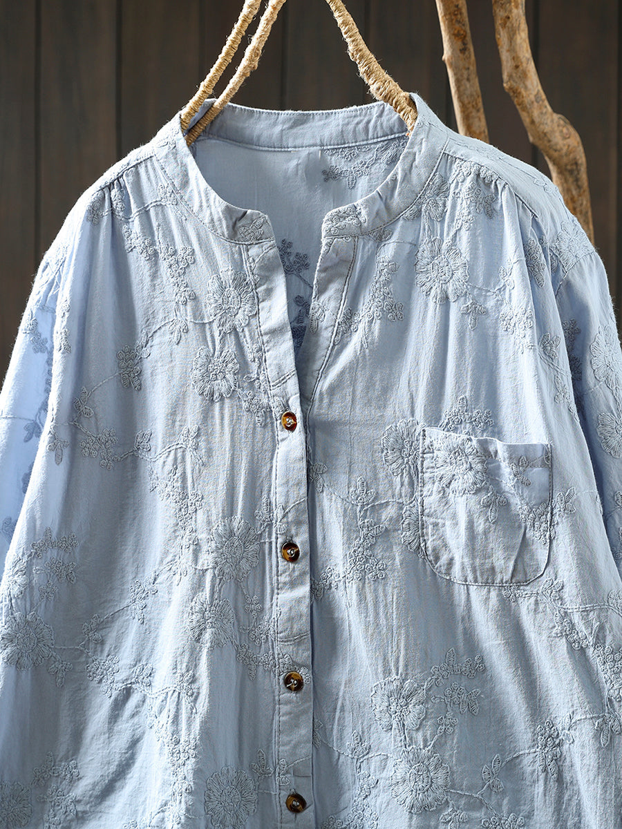 Flower 100%Cotton V-Neck Women Shirt Artsy Embroidery Summer