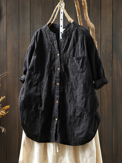 Flower 100%Cotton V-Neck Women Shirt Artsy Embroidery Summer