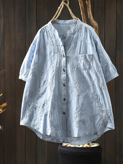 Flower 100%Cotton V-Neck Women Shirt Artsy Embroidery Summer