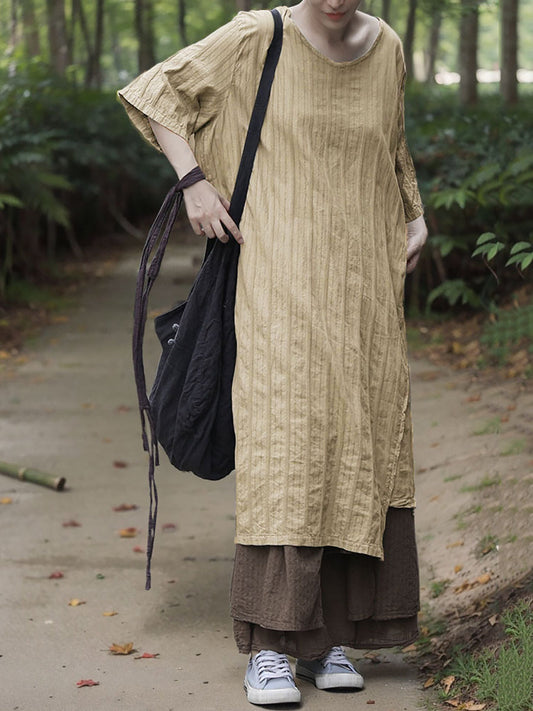 Dress Women Summer O-Neck Cotton Stripe Retro