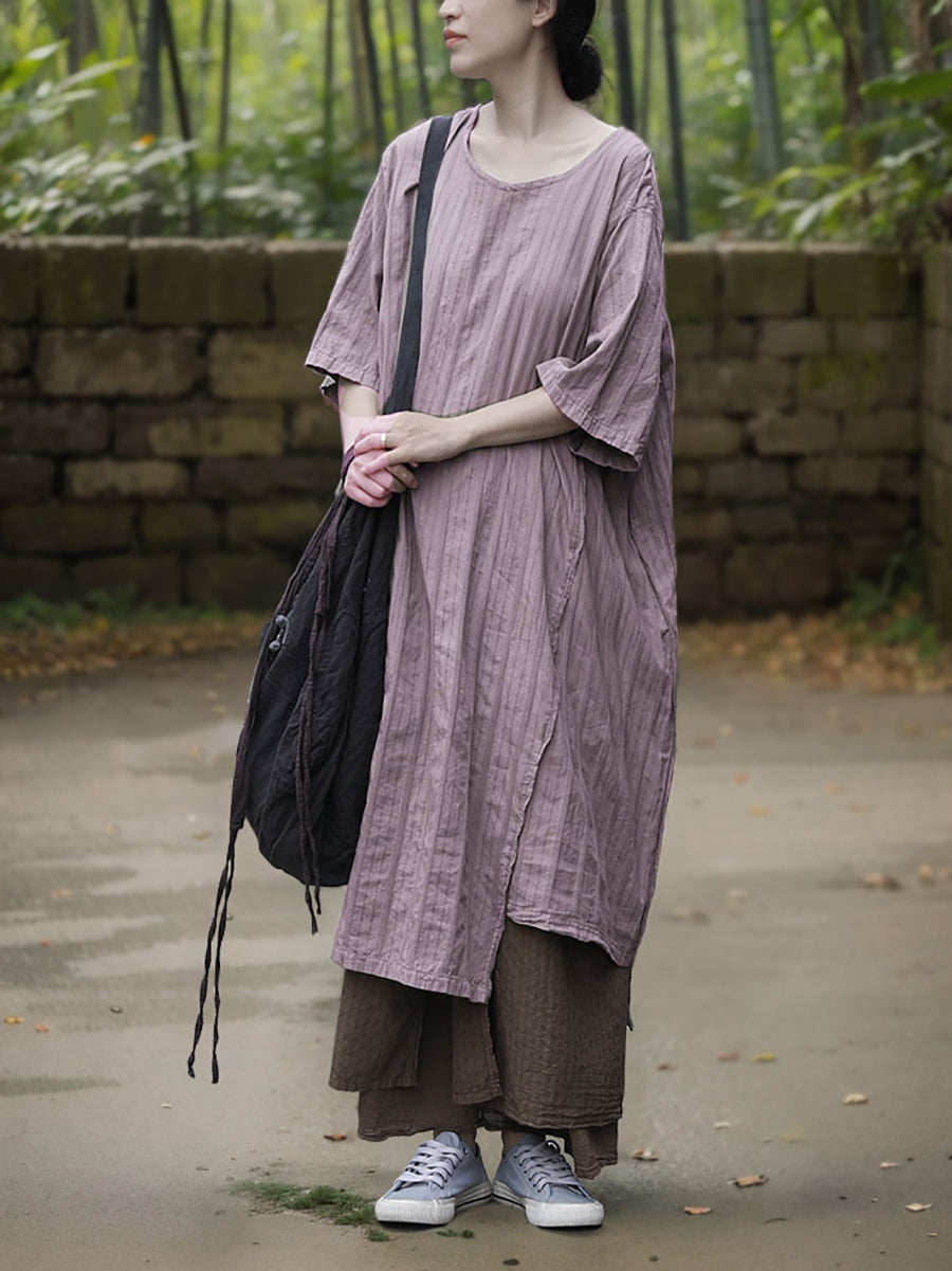 Dress Women Summer O-Neck Cotton Stripe Retro