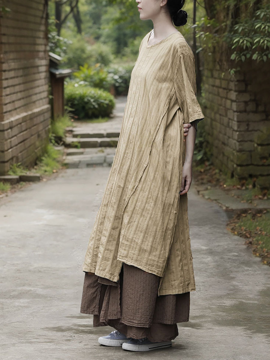 Dress Women Summer O-Neck Cotton Stripe Retro