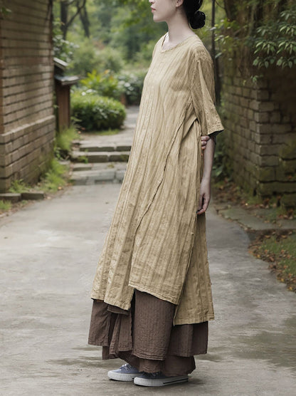 Dress Women Summer O-Neck Cotton Stripe Retro