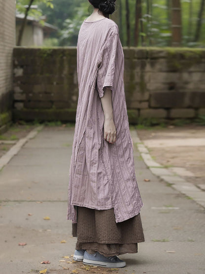 Dress Women Summer O-Neck Cotton Stripe Retro