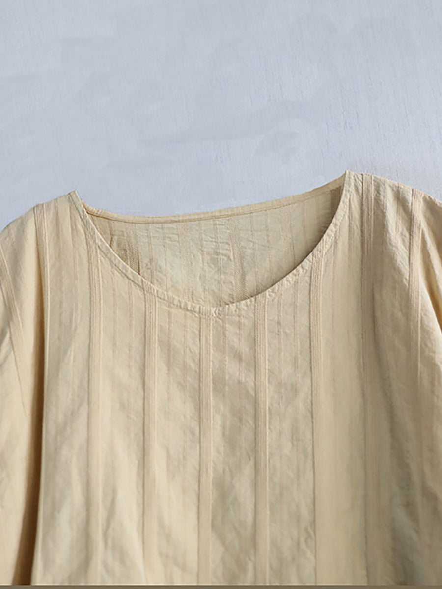 Dress Women Summer O-Neck Cotton Stripe Retro