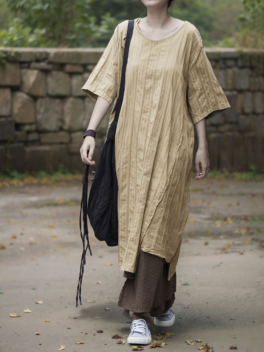 Dress Women Summer O-Neck Cotton Stripe Retro