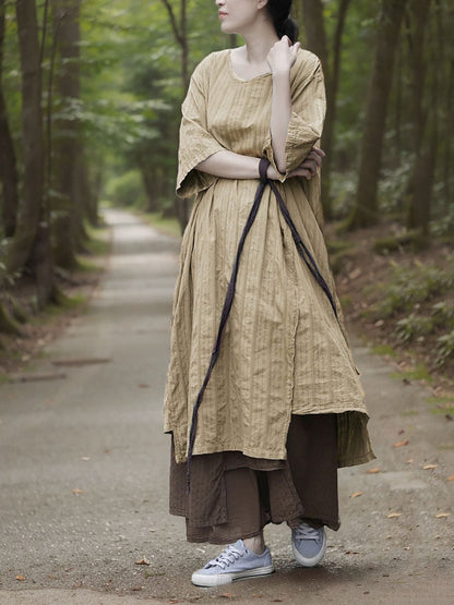 Dress Women Summer O-Neck Cotton Stripe Retro