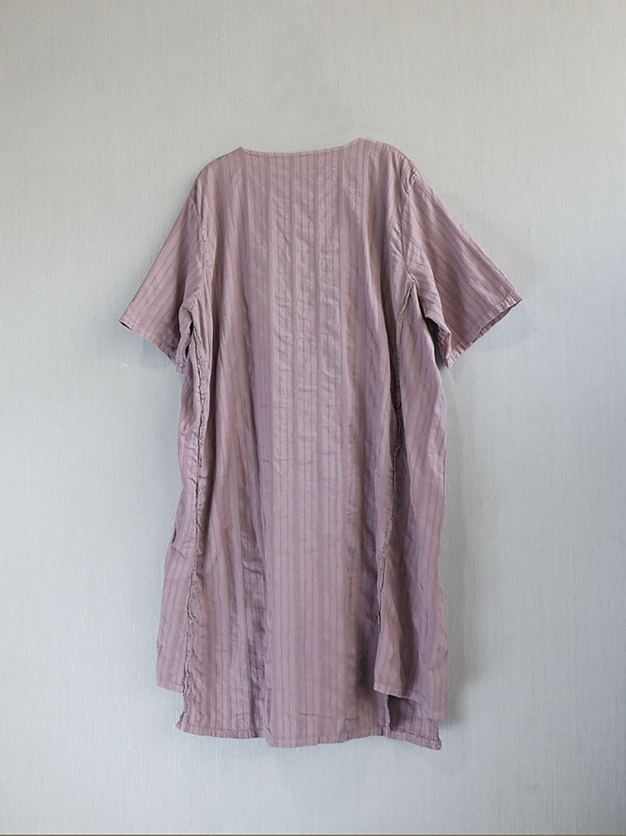 Dress Women Summer O-Neck Cotton Stripe Retro