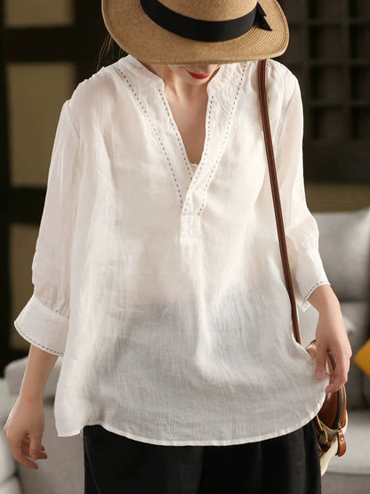 Color 100%Linen Summer V-Neck Pure Shirt Women