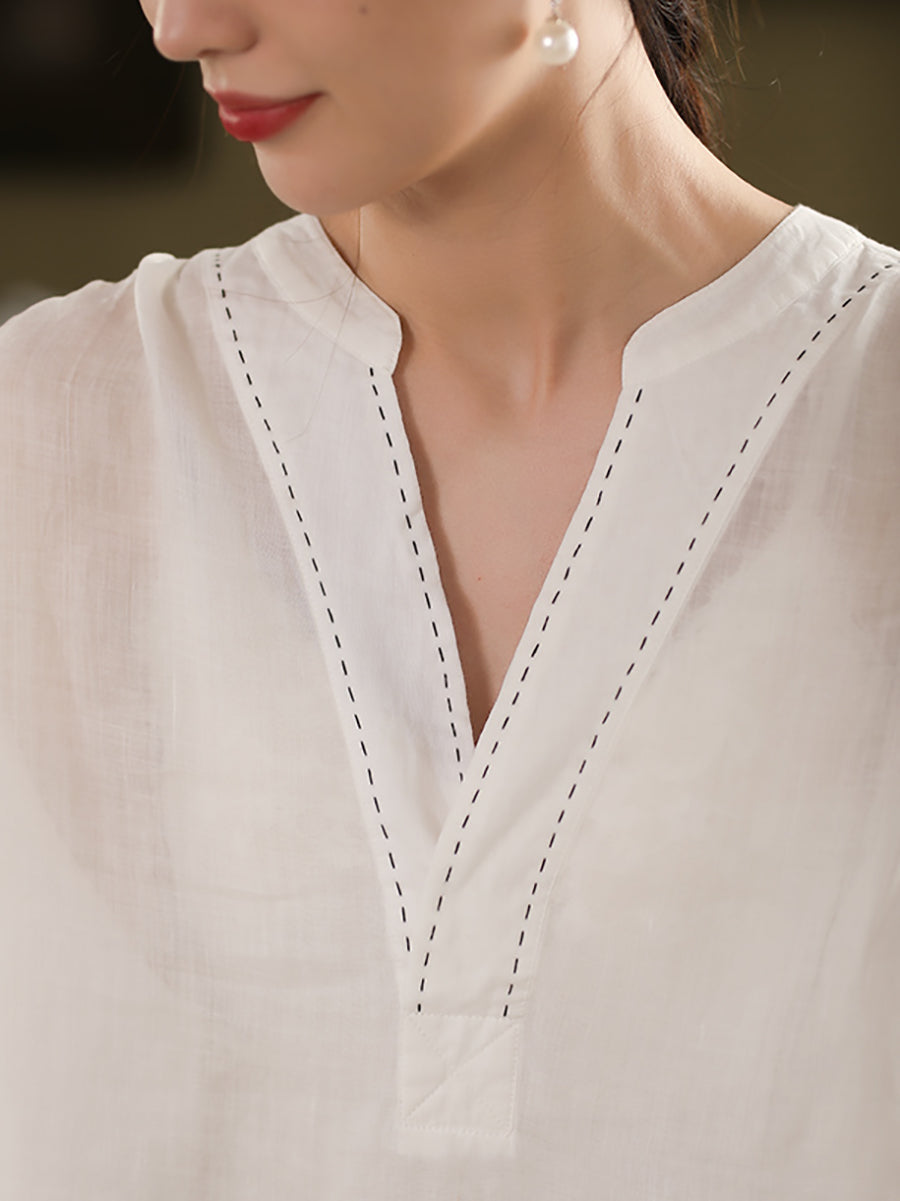 Color 100%Linen Summer V-Neck Pure Shirt Women