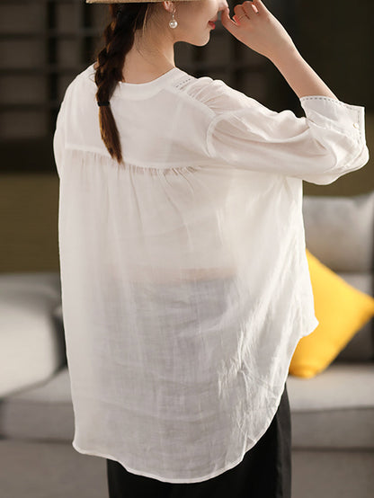 Color 100%Linen Summer V-Neck Pure Shirt Women