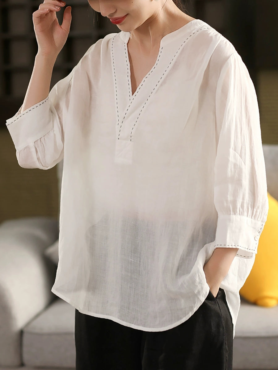 Color 100%Linen Summer V-Neck Pure Shirt Women
