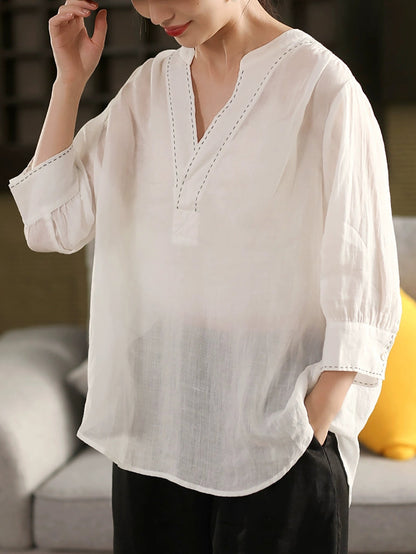 Color 100%Linen Summer V-Neck Pure Shirt Women