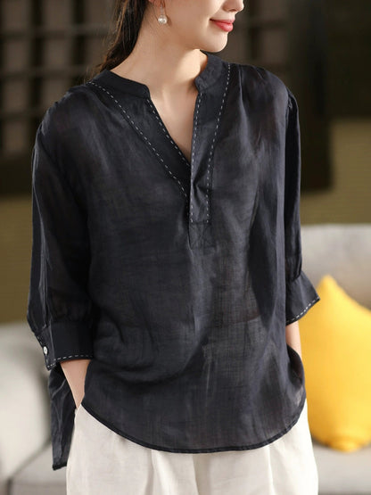 Color 100%Linen Summer V-Neck Pure Shirt Women