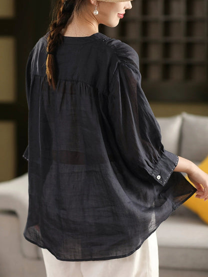 Color 100%Linen Summer V-Neck Pure Shirt Women