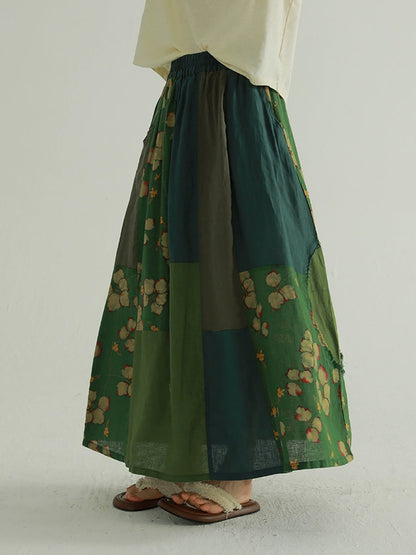 Colorblock Summer Women Skirt Spliced Retro Flower