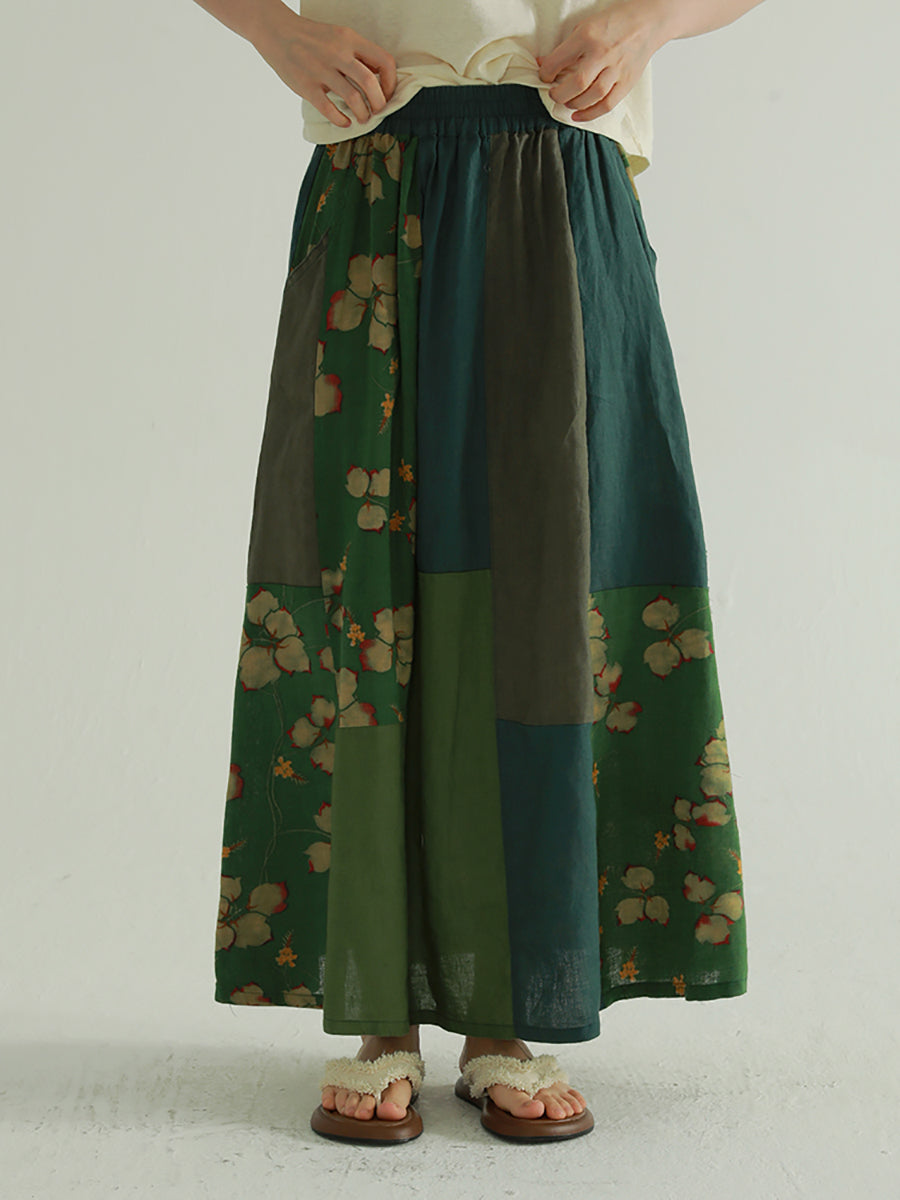 Colorblock Summer Women Skirt Spliced Retro Flower