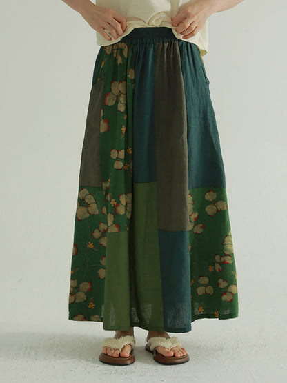 Colorblock Summer Women Skirt Spliced Retro Flower