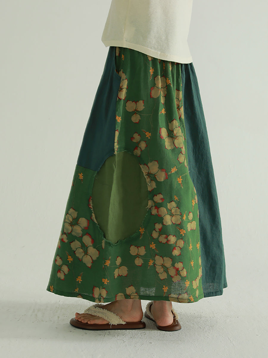 Colorblock Summer Women Skirt Spliced Retro Flower