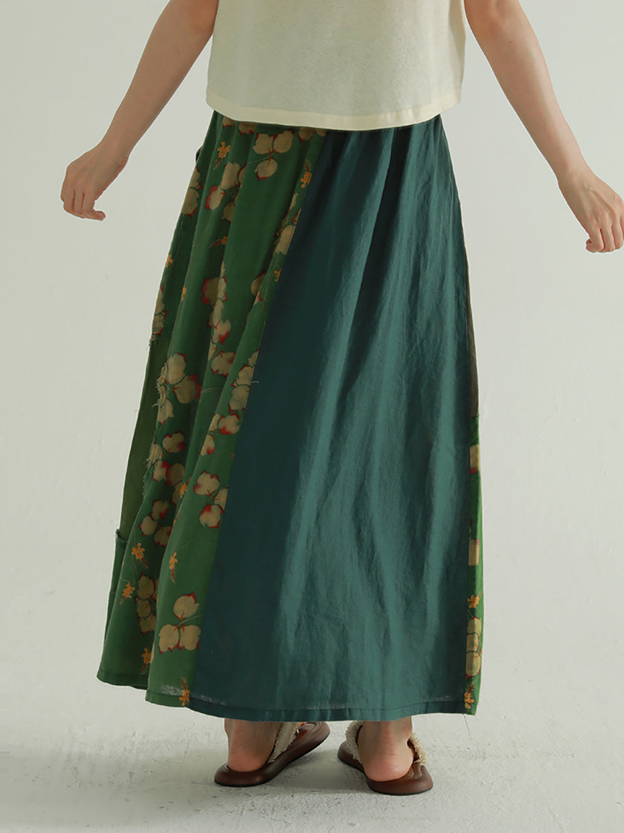 Colorblock Summer Women Skirt Spliced Retro Flower