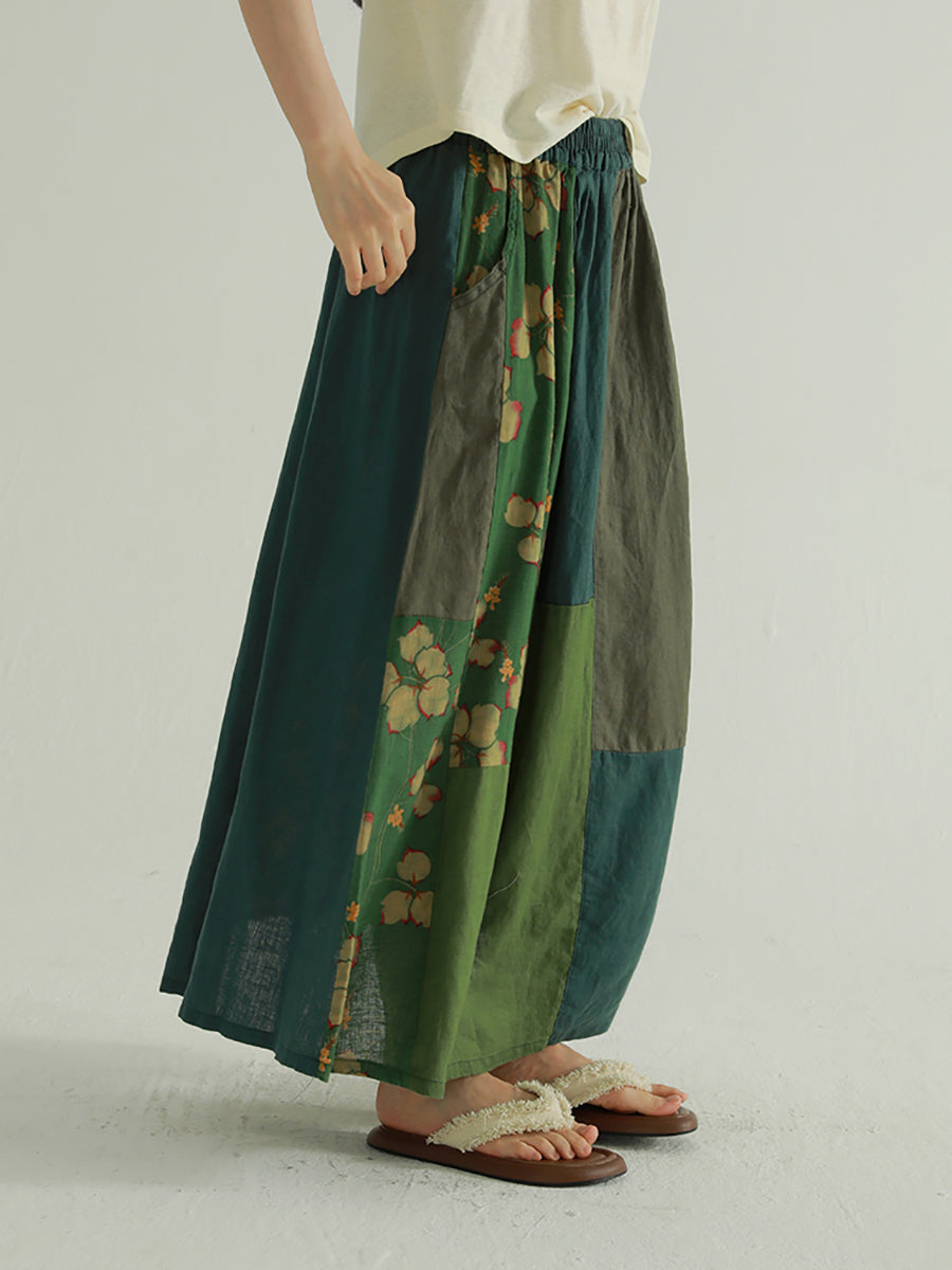 Colorblock Summer Women Skirt Spliced Retro Flower