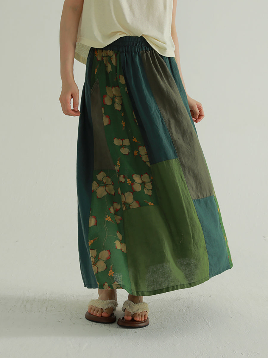 Colorblock Summer Women Skirt Spliced Retro Flower