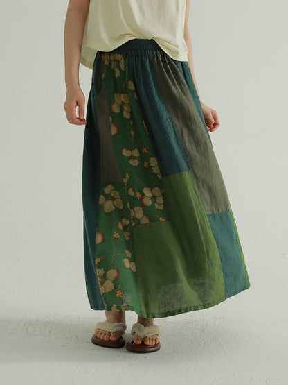 Colorblock Summer Women Skirt Spliced Retro Flower