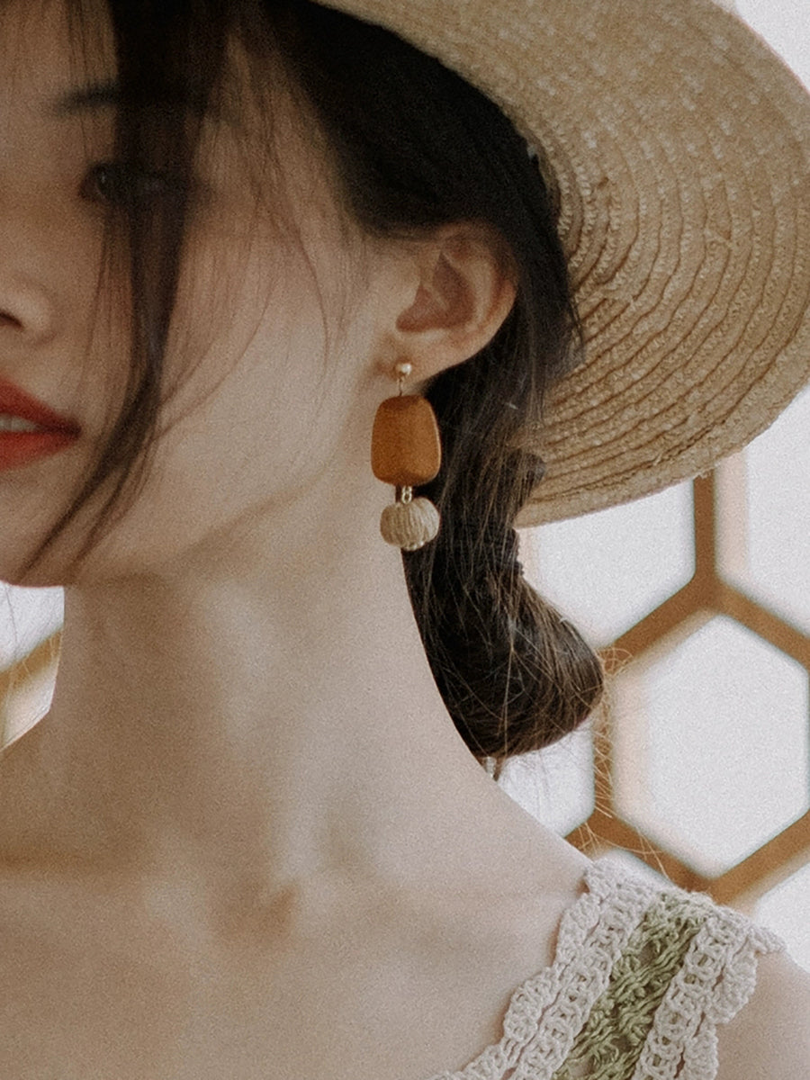 Ball Straw Women Wooden Earrings Weave Bohemia