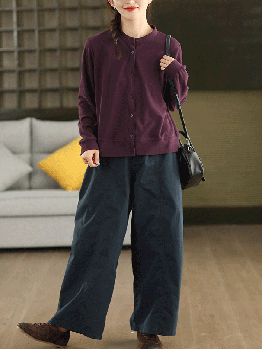 Autumn 100%Cotton Color Pure O-Neck Shirt Casual Women