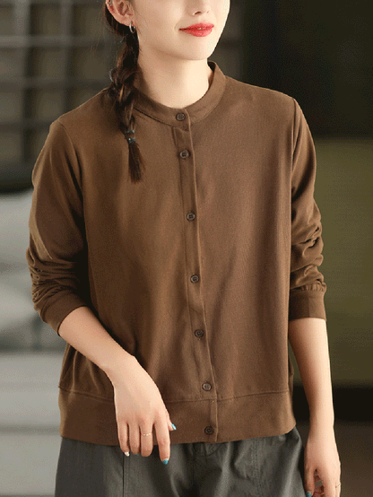 Autumn 100%Cotton Color Pure O-Neck Shirt Casual Women