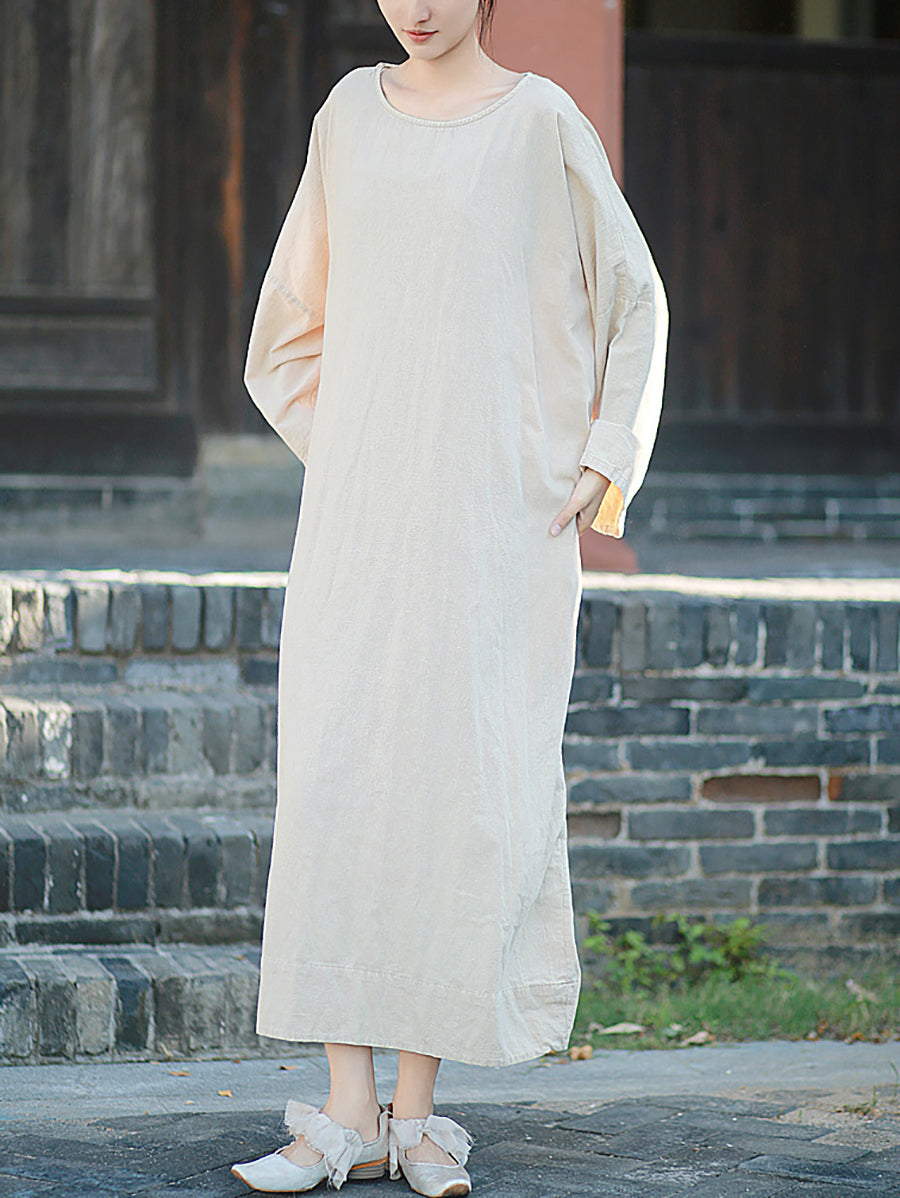 Autumn Dress O-Neck Retro Linen Women Pure Color Cotton