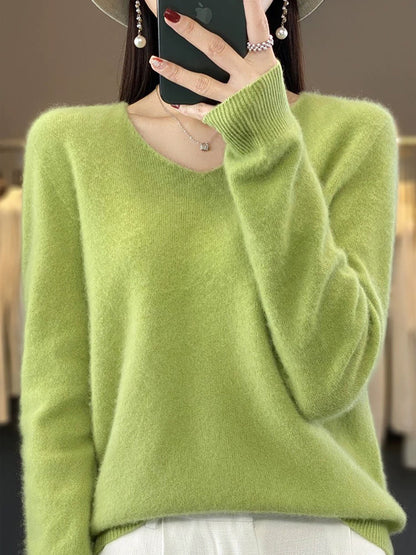 Wool V-Neck Casual Sweater Color Women Autumn Pure