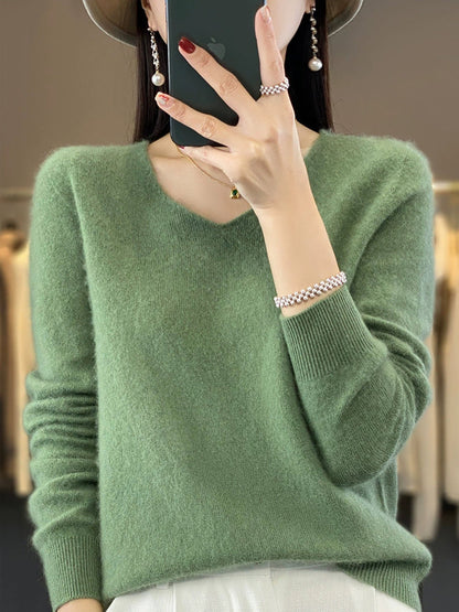 Wool V-Neck Casual Sweater Color Women Autumn Pure