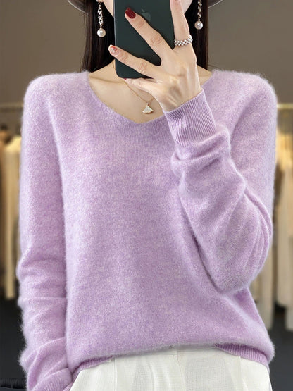 Wool V-Neck Casual Sweater Color Women Autumn Pure