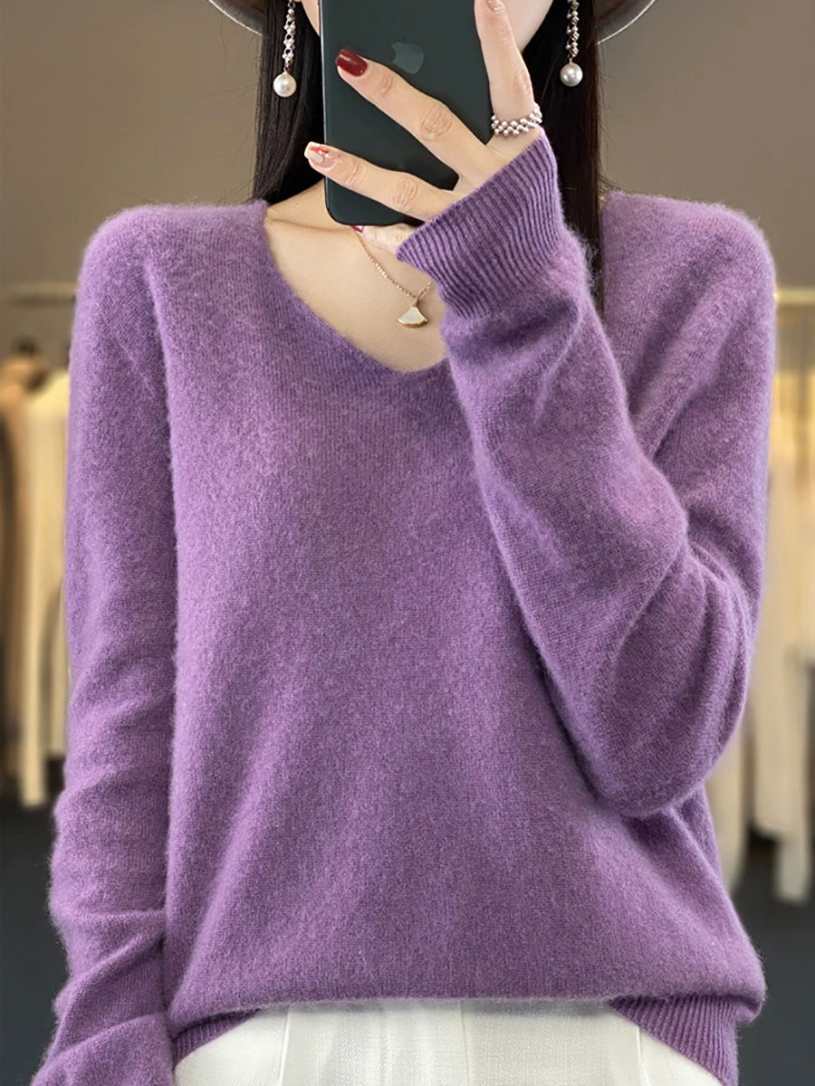 Wool V-Neck Casual Sweater Color Women Autumn Pure