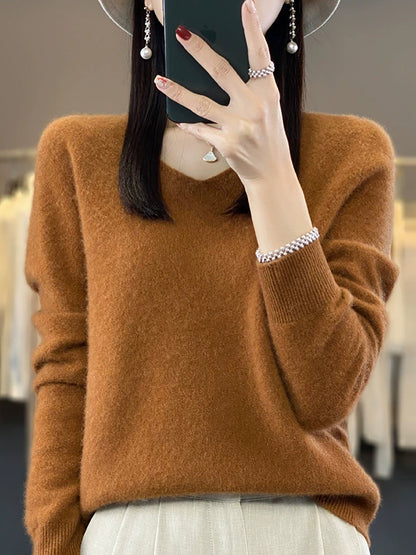 Wool V-Neck Casual Sweater Color Women Autumn Pure